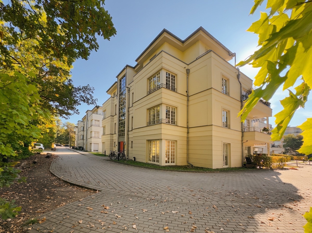 Gelbes, mehrstöckiges Wohngebäude mit vielen Fenstern und umliegenden Bäumen an einem sonnigen Tag.