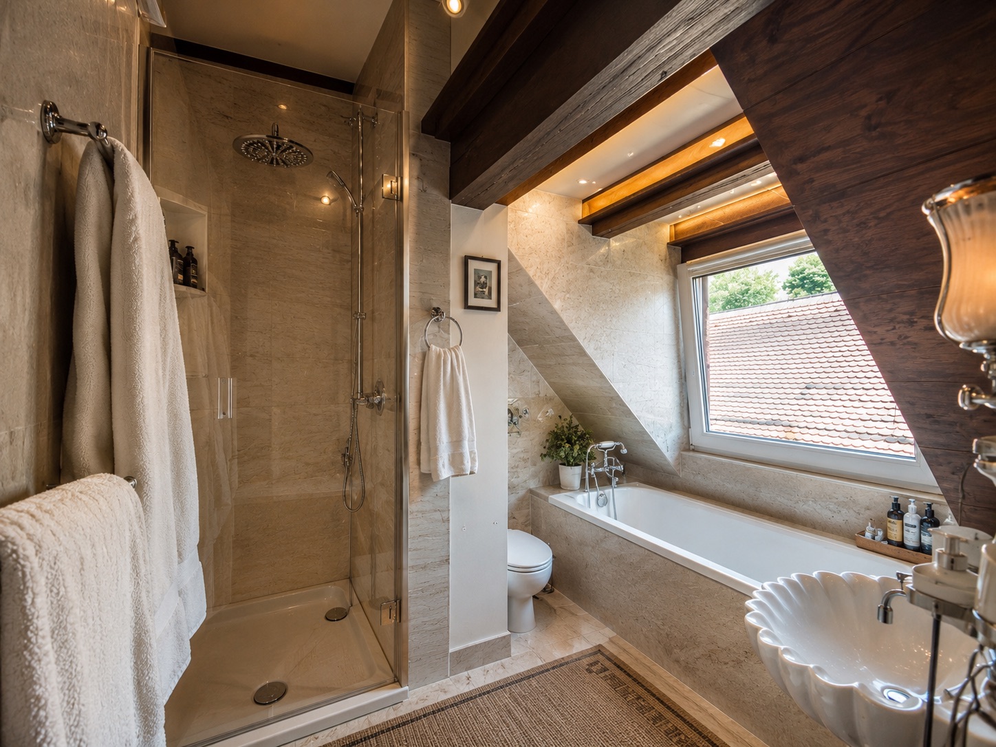 Helles Badezimmer mit Dusche, Badewanne, Waschbecken und Fenster unter einer Dachschräge.