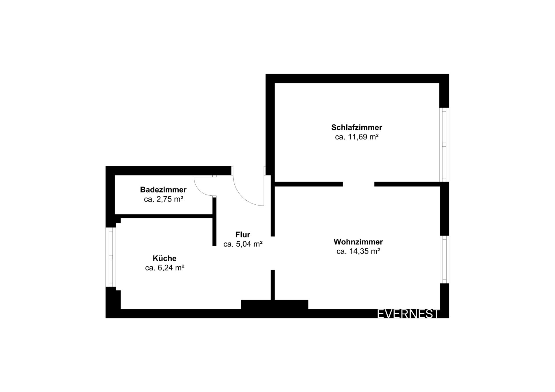 Grundriss einer Wohnung mit Schlafzimmer, Wohnzimmer, Küche, Bad und Flur.