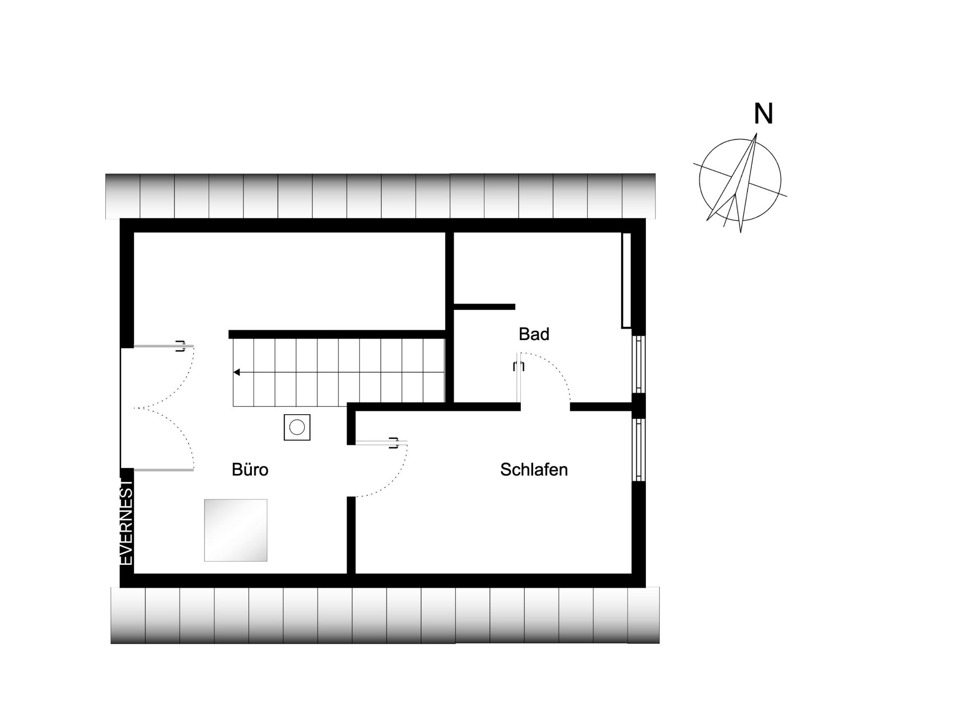 Grundriss mit Büro, Schlafzimmer und Bad, sowie Treppe und Nordpfeil.
