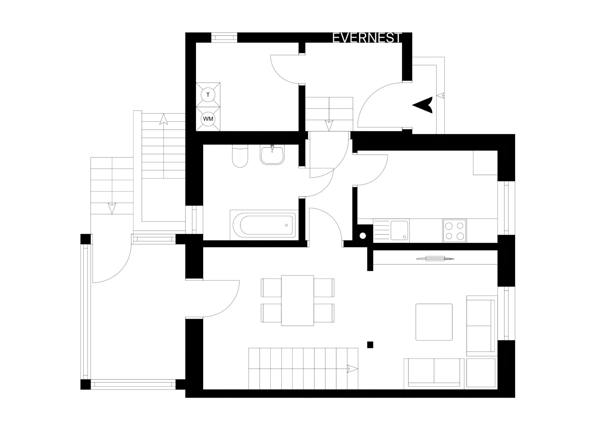 Grundriss einer Wohnung mit Wohnzimmer, Küche, Bad und Hauswirtschaftsraum.