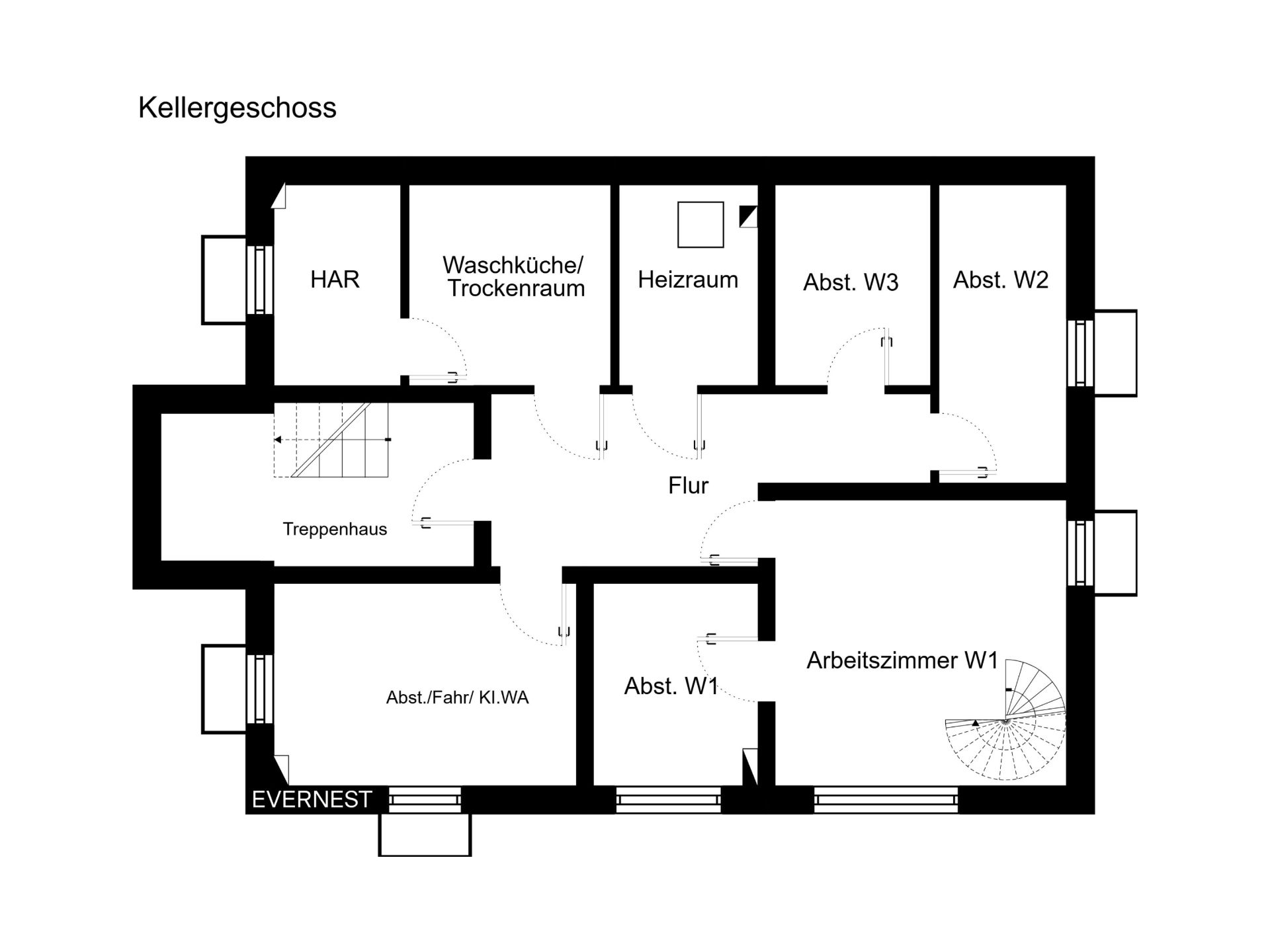 Grundriss des Kellergeschosses mit Waschküche, Heizraum, Abstellräumen und Arbeitszimmer.