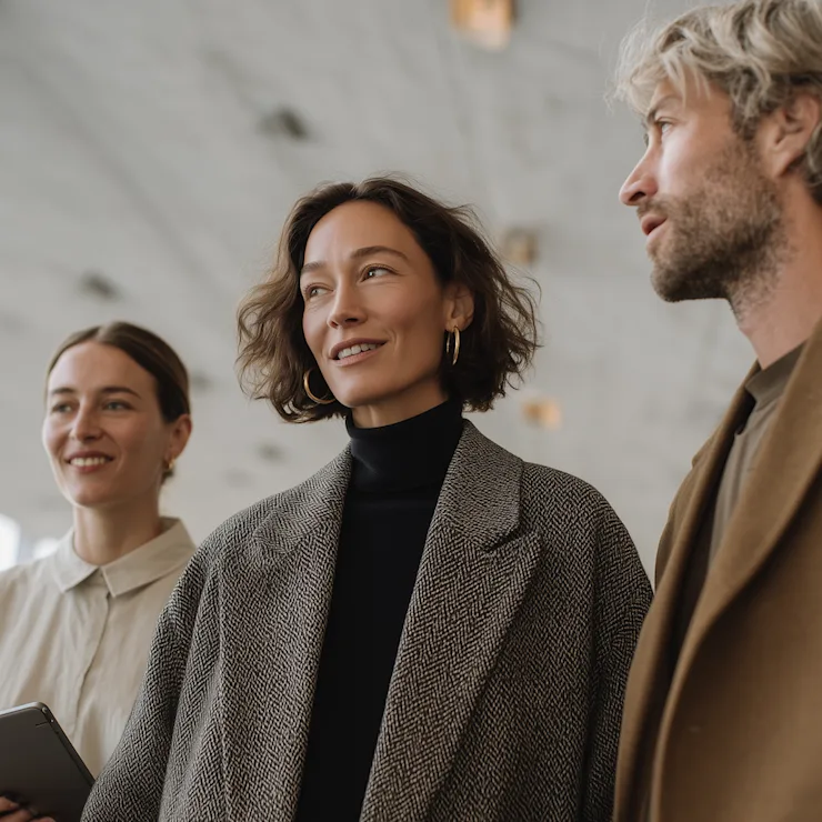 Drei Personen in Businesskleidung stehen zusammen in einem modernen, hellen Raum.