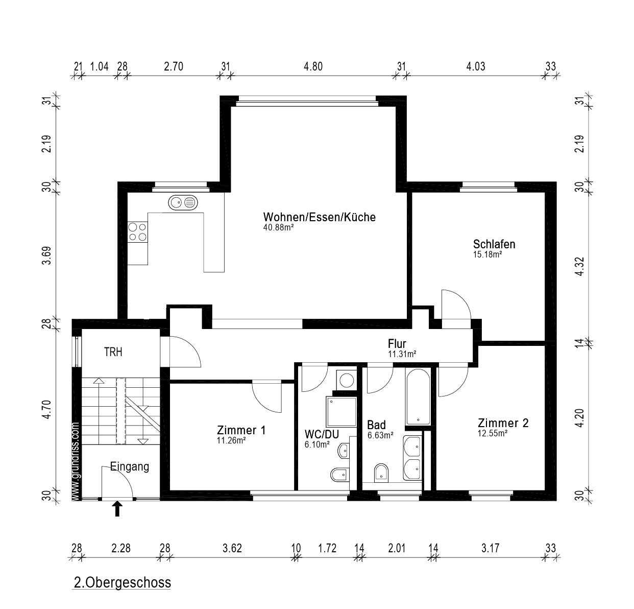 Grundriss einer Wohnung mit Wohnzimmer, Küche, Schlafzimmer, zwei Zimmern, Bad und WC.
