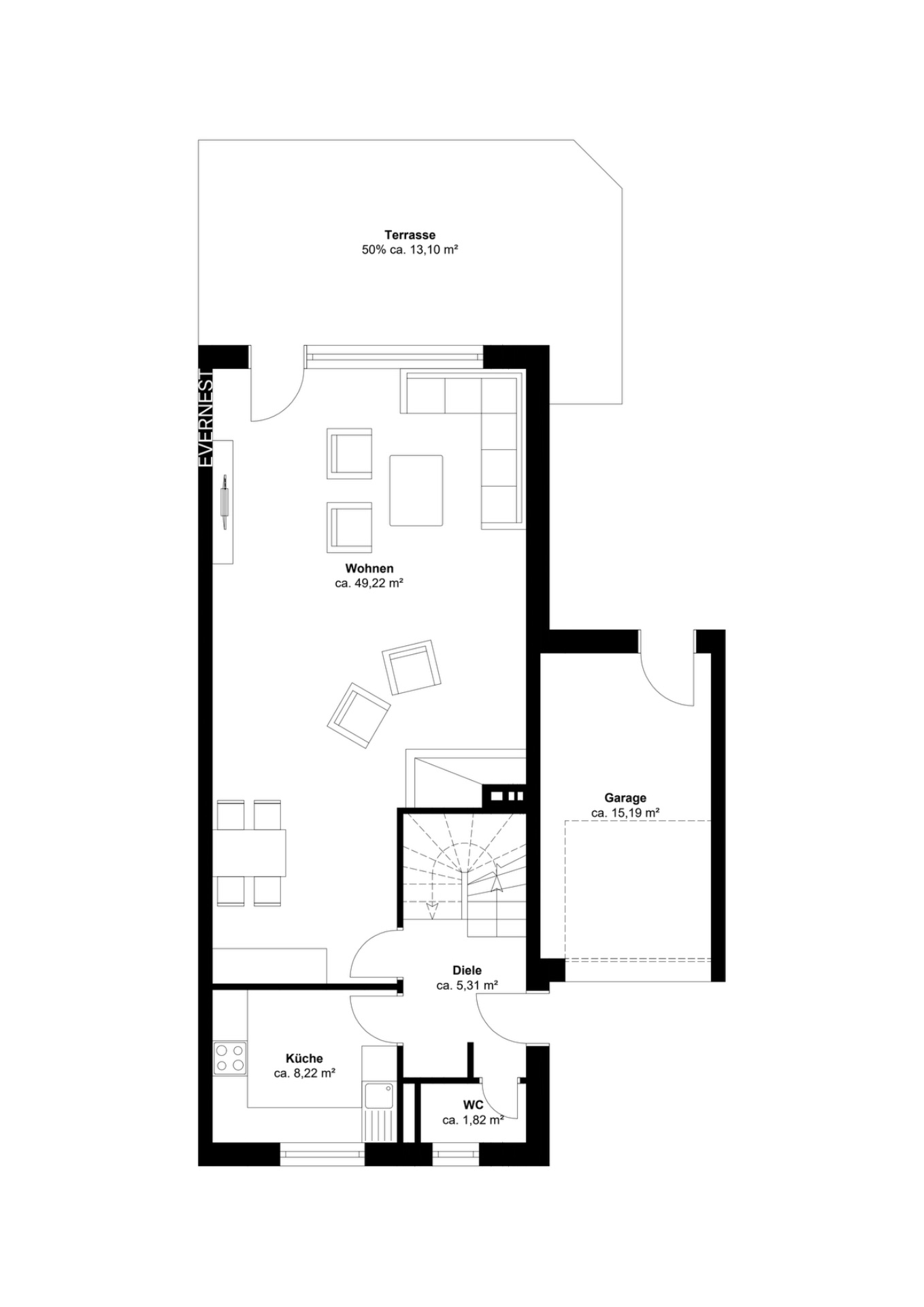 Grundriss des Erdgeschosses mit Terrasse, Wohnzimmer, Küche, WC, Diele und Garage.