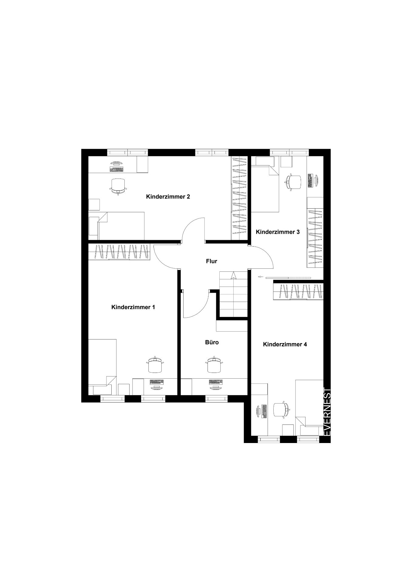 Grundriss mit vier Kinderzimmern, einem Büro und Flur.
