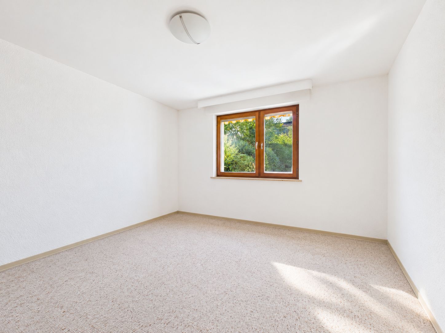 Helles, leeres Zimmer mit Teppichboden und einem Fenster mit Holzrahmen.