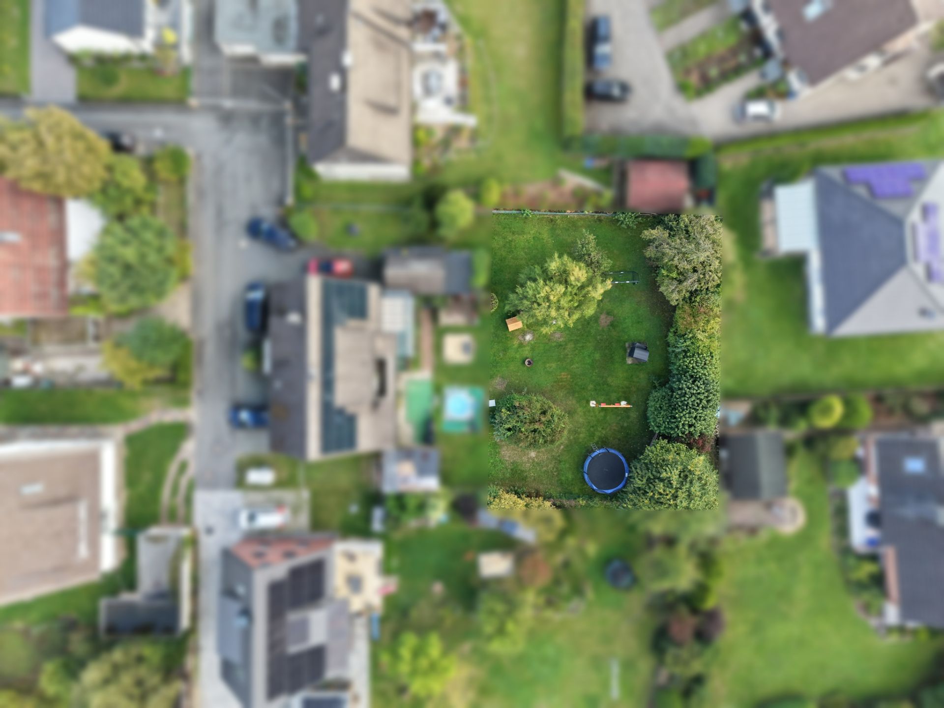 Luftaufnahme eines Gartens mit Bäumen, Rasenfläche und einem runden blauen Trampolin.