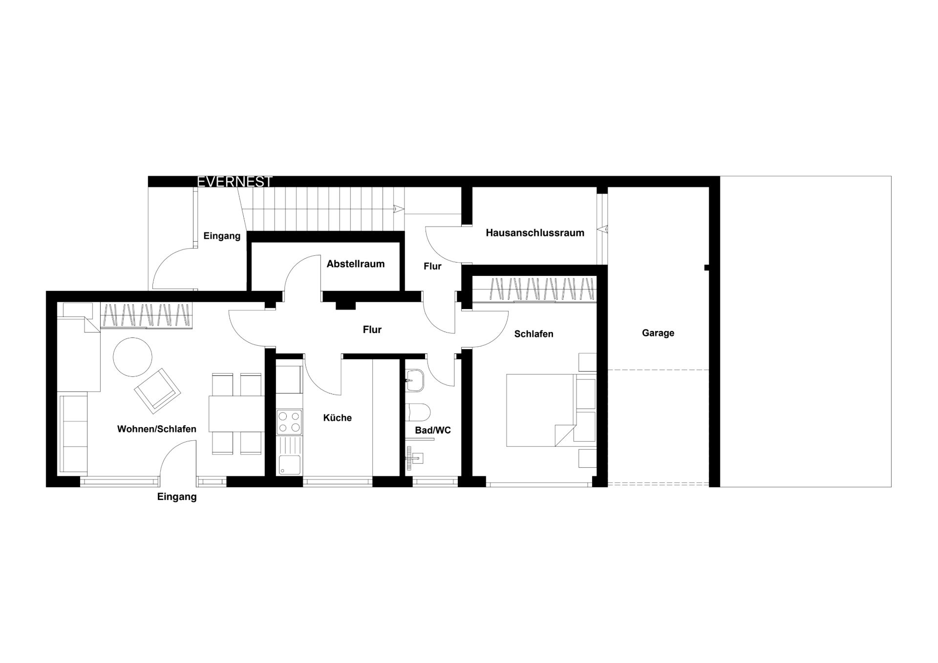Grundriss mit Wohnzimmer, Schlafzimmer, Küche, Bad, Abstellraum, Flur und Garage.