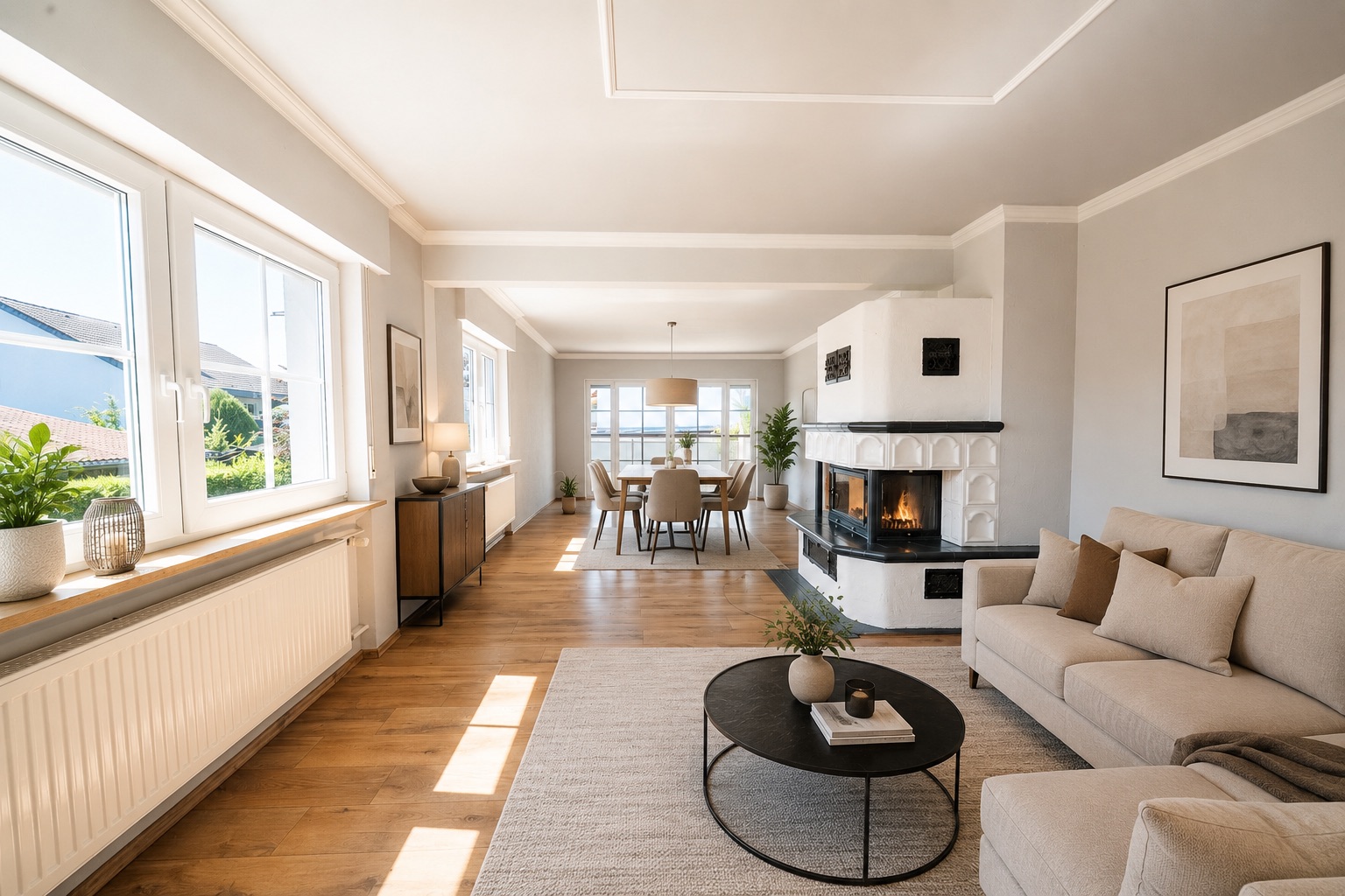 Helles Wohnzimmer mit Sofa, Kamin, Couchtisch und Essbereich im Hintergrund.