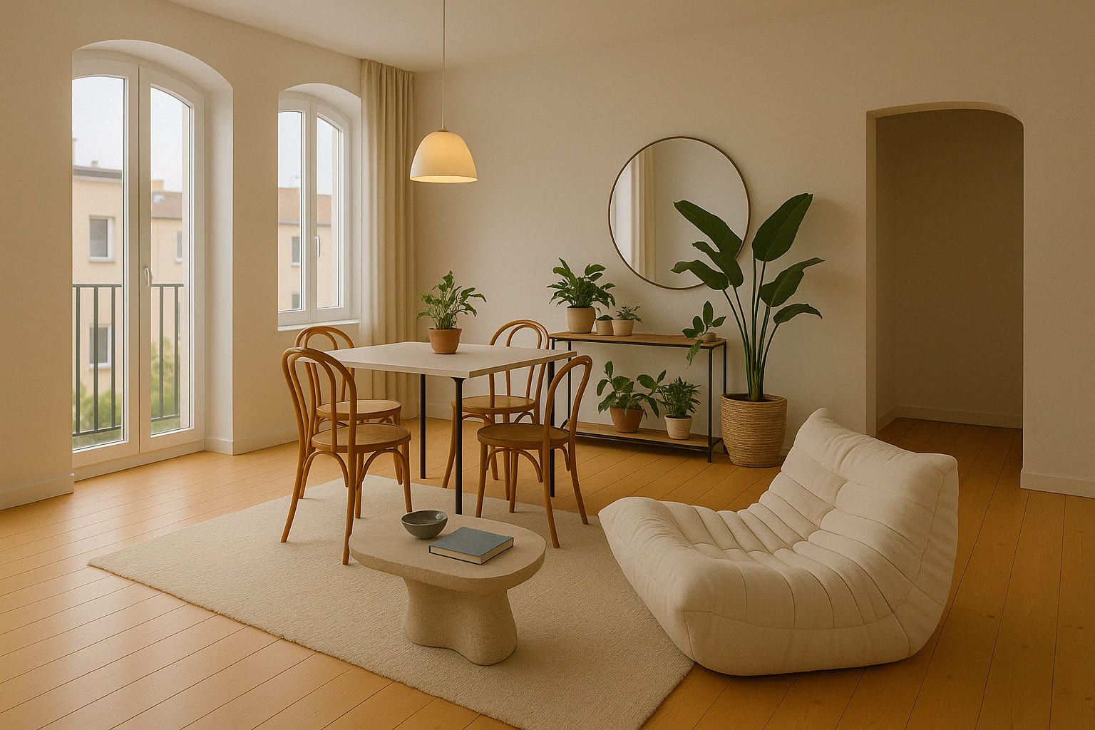 Helles Wohnzimmer mit Sessel, Tisch, vier Stühlen, vielen Pflanzen und großen Fenstern.
