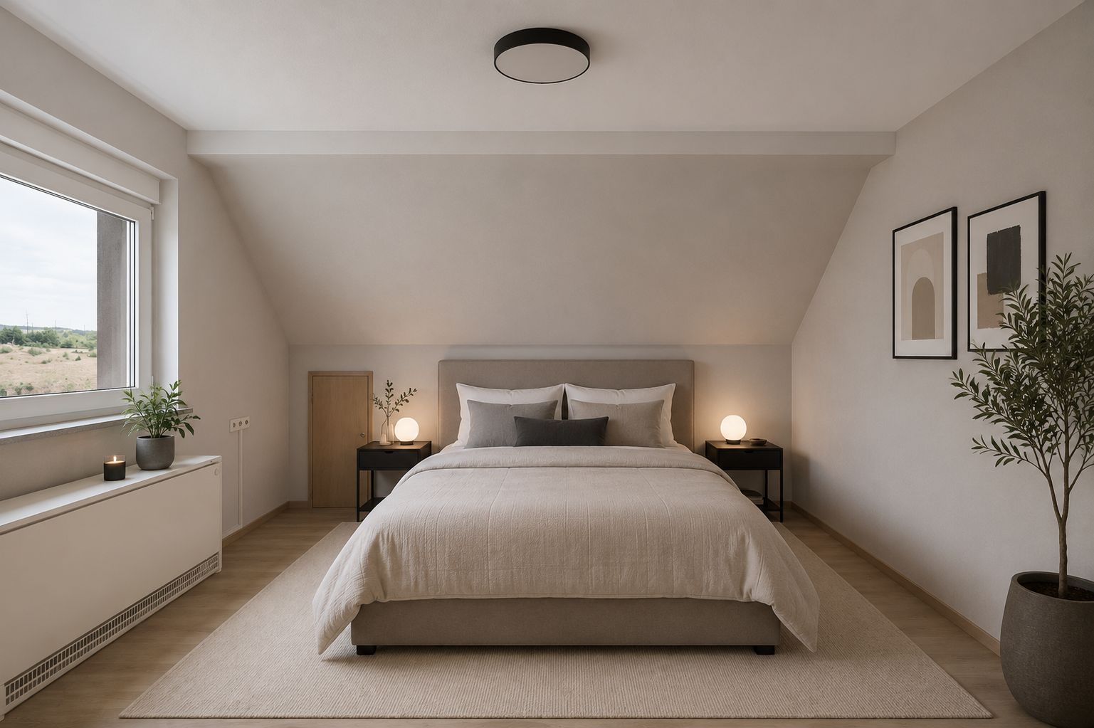 Helles Schlafzimmer mit Doppelbett, zwei Nachttischen, Pflanzen und Bildern an der Wand.