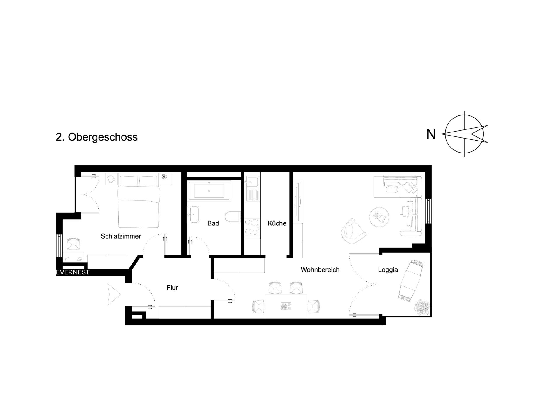 Grundriss einer Wohnung mit Schlafzimmer, Bad, Küche, Wohnbereich, Flur und Loggia.