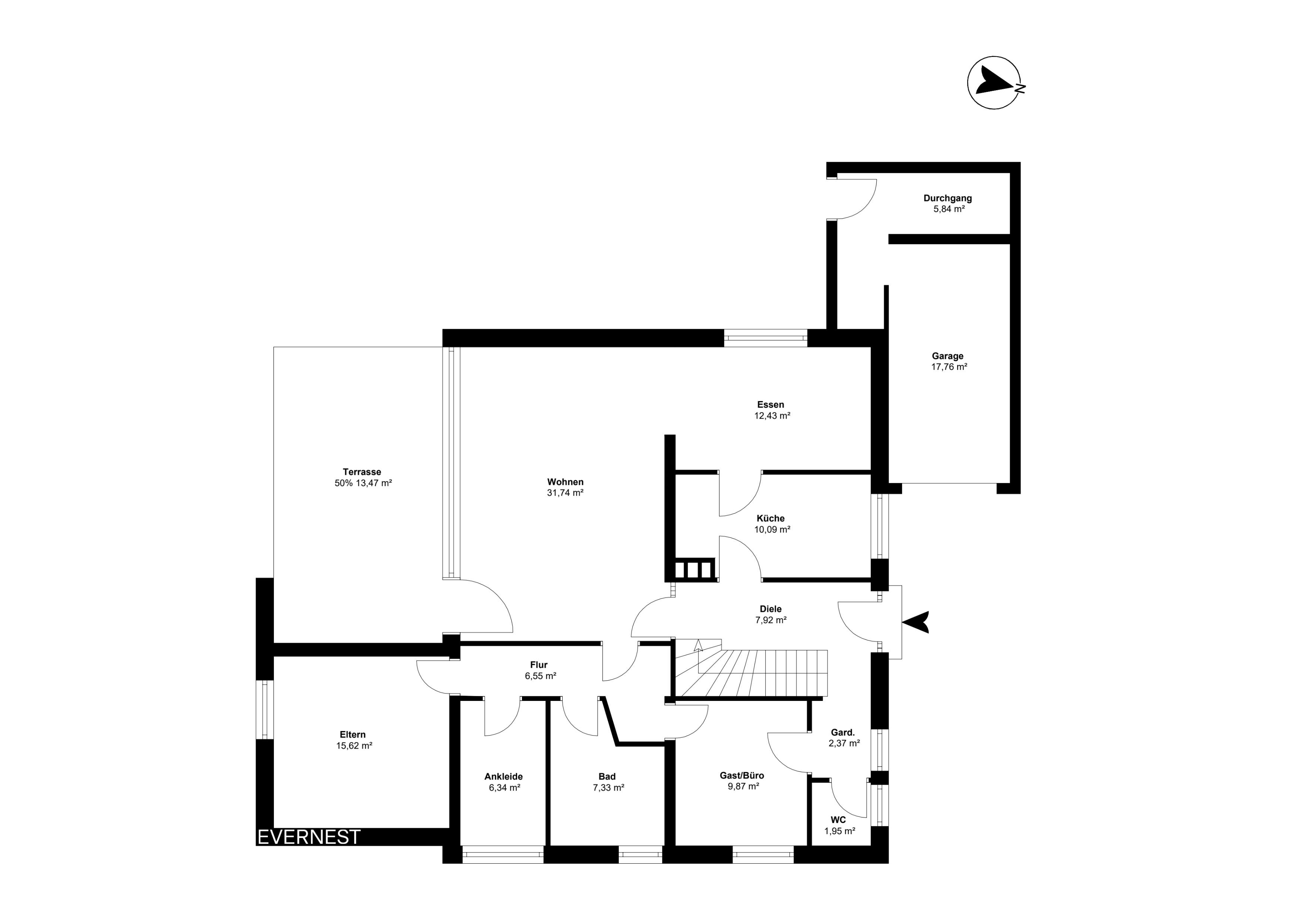 Grundriss eines Hauses mit Terrasse, Garage, Wohnzimmer, Küche, Bad und mehreren weiteren Räumen.