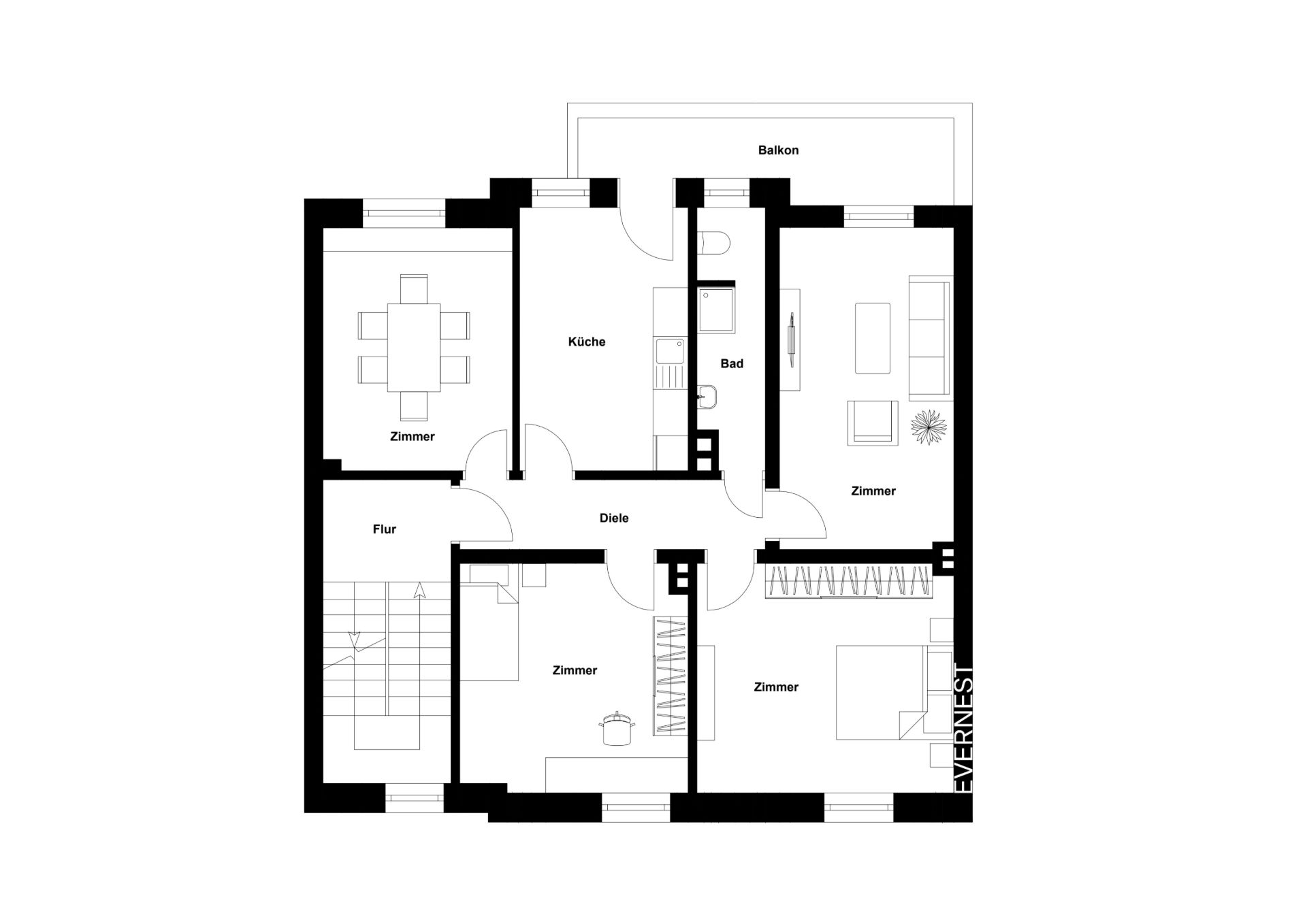 Grundriss einer Wohnung mit vier Zimmern, Küche, Bad, Flur, Diele und Balkon.