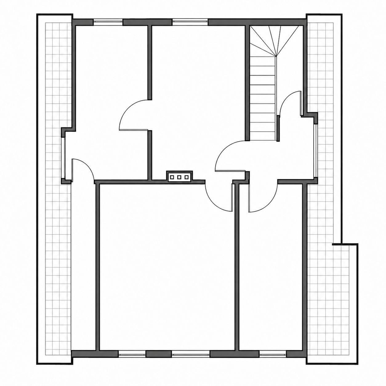 Grundriss einer Wohnung mit mehreren Zimmern, Türen und Treppenaufgang.