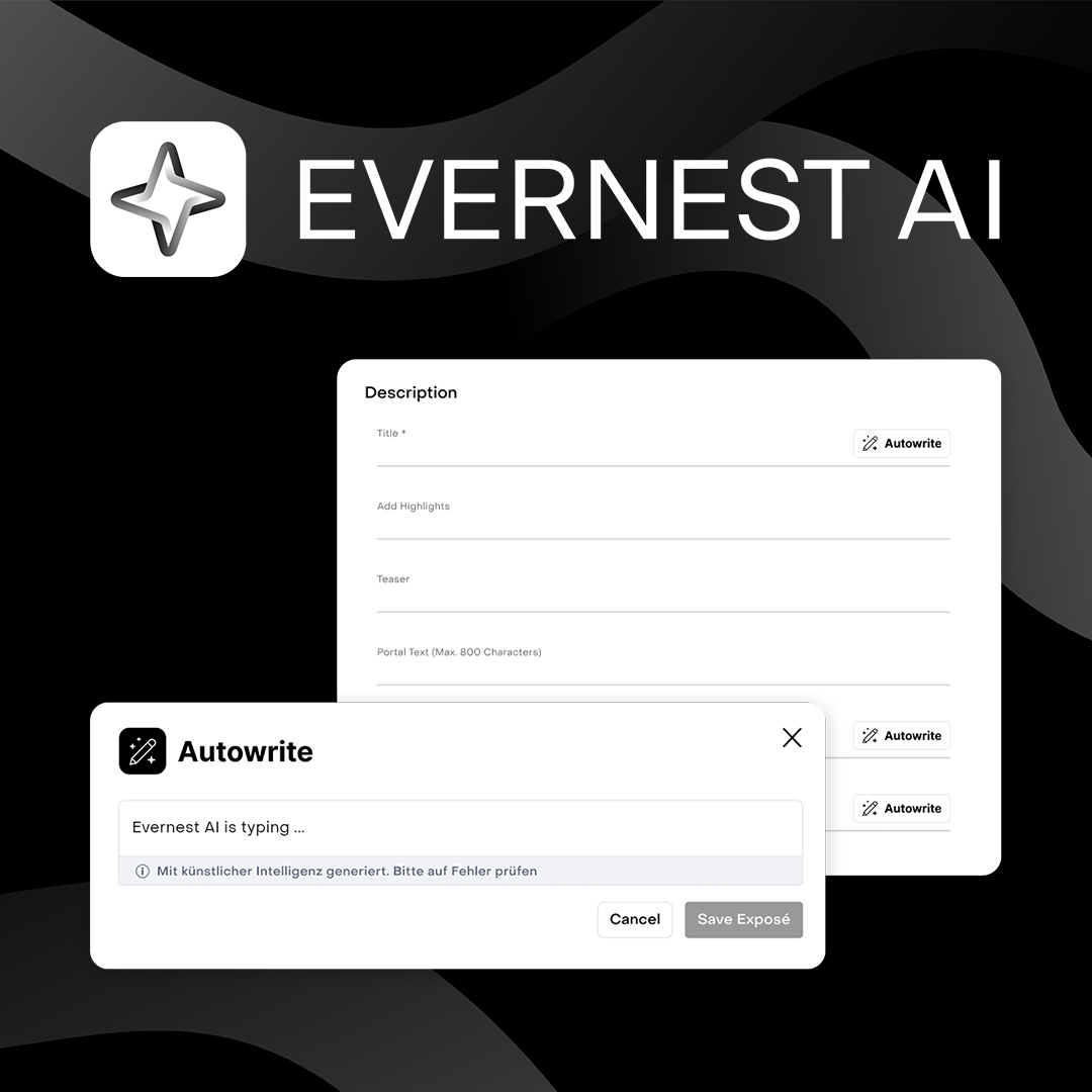 Benutzeroberfläche mit AI-Textgenerator für Immobilienbeschreibungen und Titelfeldern.