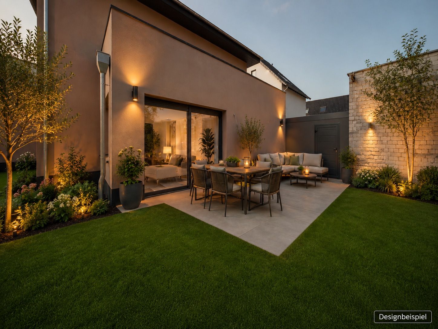 Beleuchtete Terrasse mit Gartenmöbeln und grüner Rasenfläche an einem Wohnhaus am Abend.