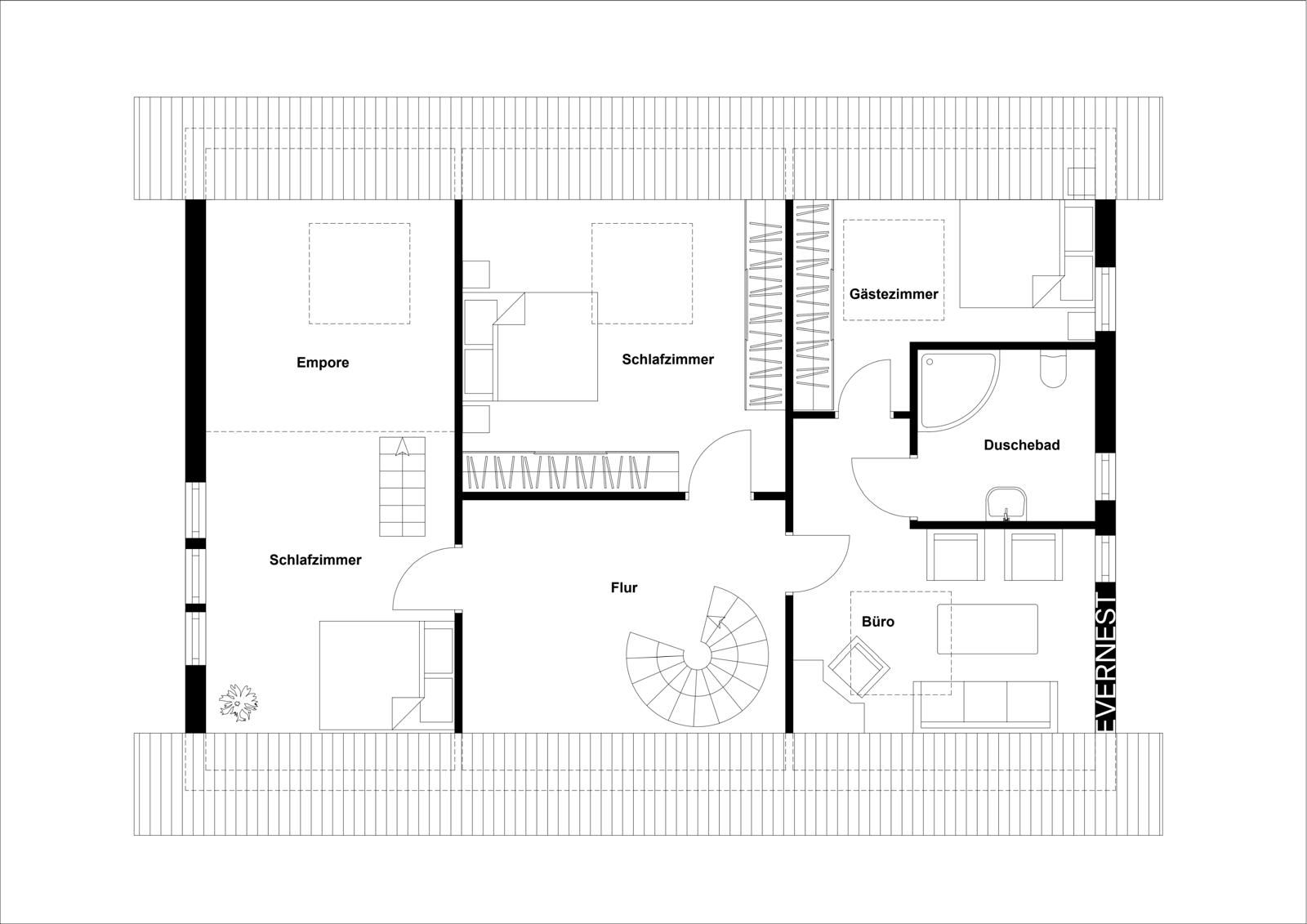 Grundriss eines Wohnhauses mit Schlafzimmern, Gästezimmer, Bad, Büro, Flur und Empore.