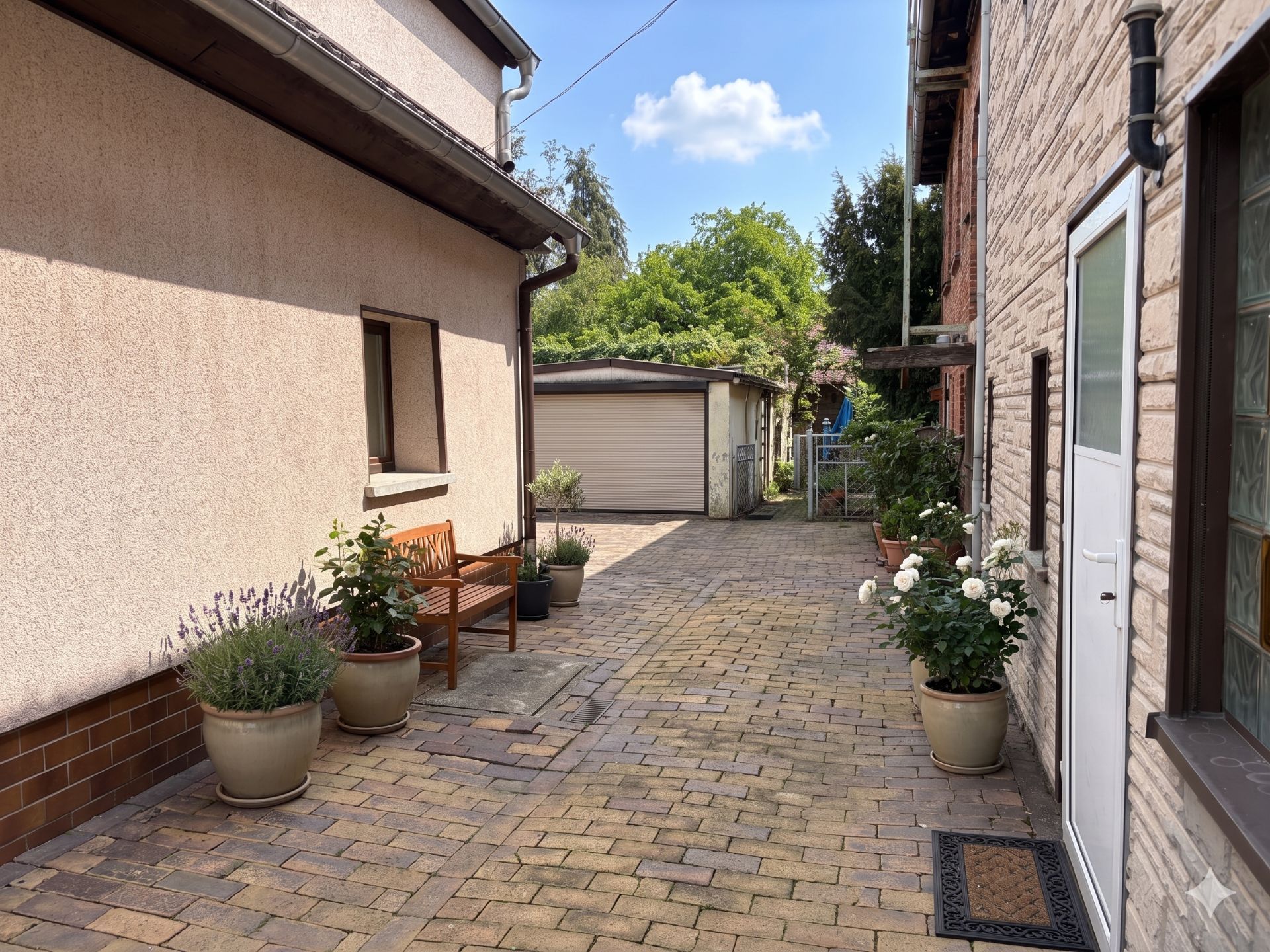 Gepflasterter Hof mit Blumentöpfen, Bank und Garage im Hintergrund.