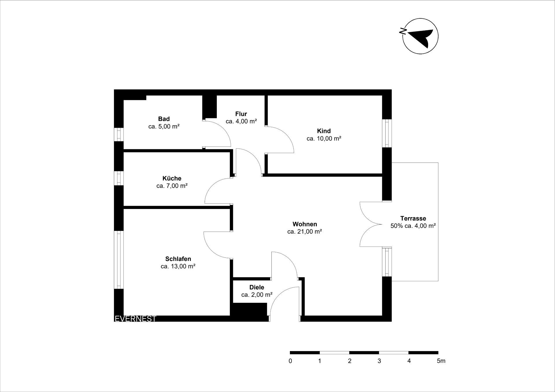 Grundriss einer Wohnung mit Bad, Flur, Küche, Schlafen, Kind, Wohnen, Diele und Terrasse.