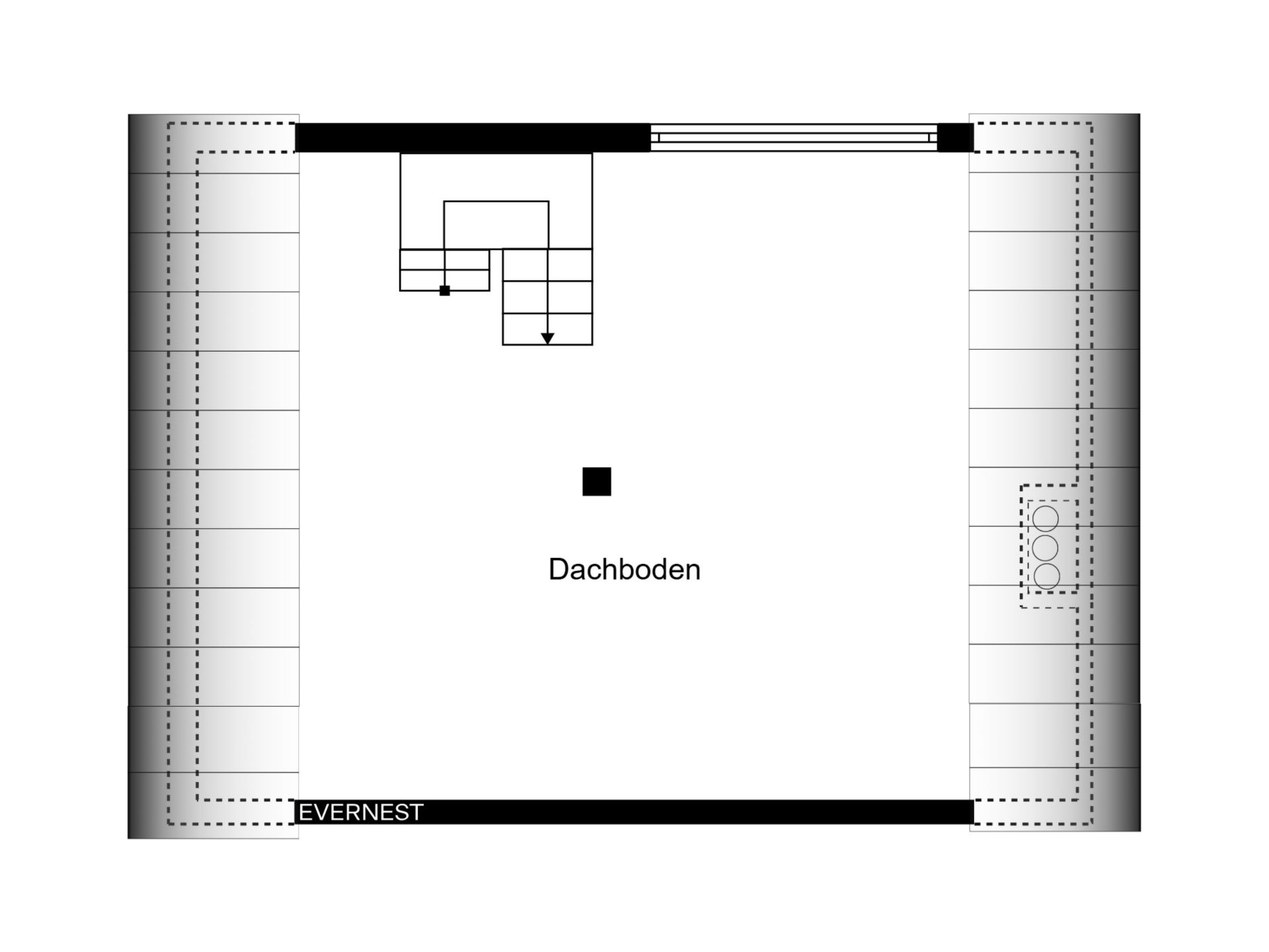 Grundriss eines Dachbodens mit Treppe in der oberen Mitte.