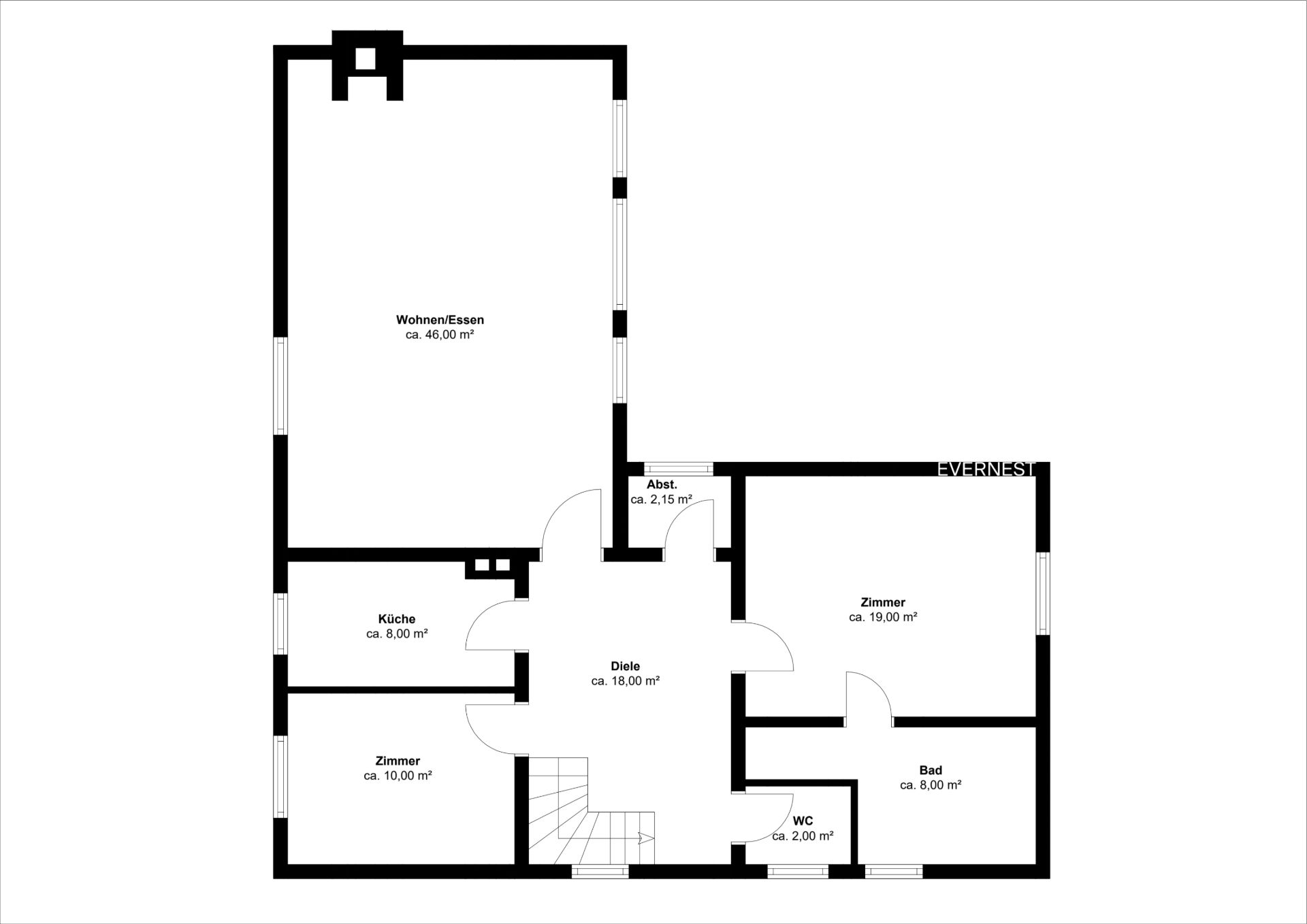 Grundriss einer Wohnung mit Wohn-/Esszimmer, Küche, zwei Zimmern, Bad, WC, Diele und Abstellraum.