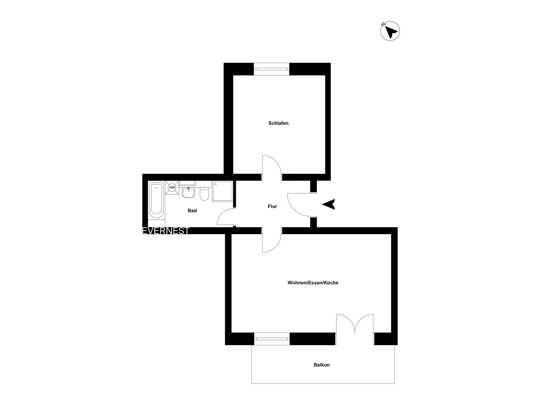 Grundriss mit Schlafzimmer, Bad, Flur, Wohn-/Essbereich mit Küche und Balkon.