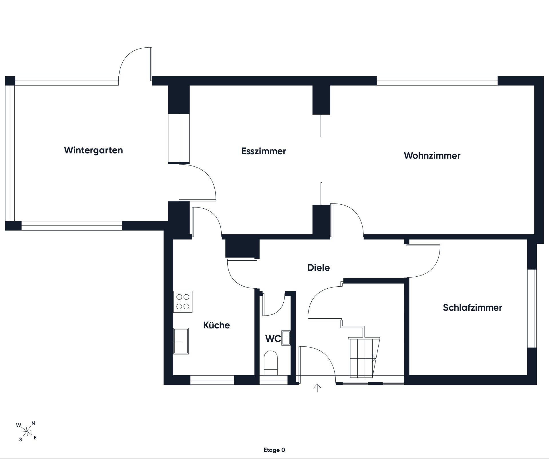 Grundriss einer Wohnung mit Wintergarten, Esszimmer, Wohnzimmer, Schlafzimmer, Küche und WC.