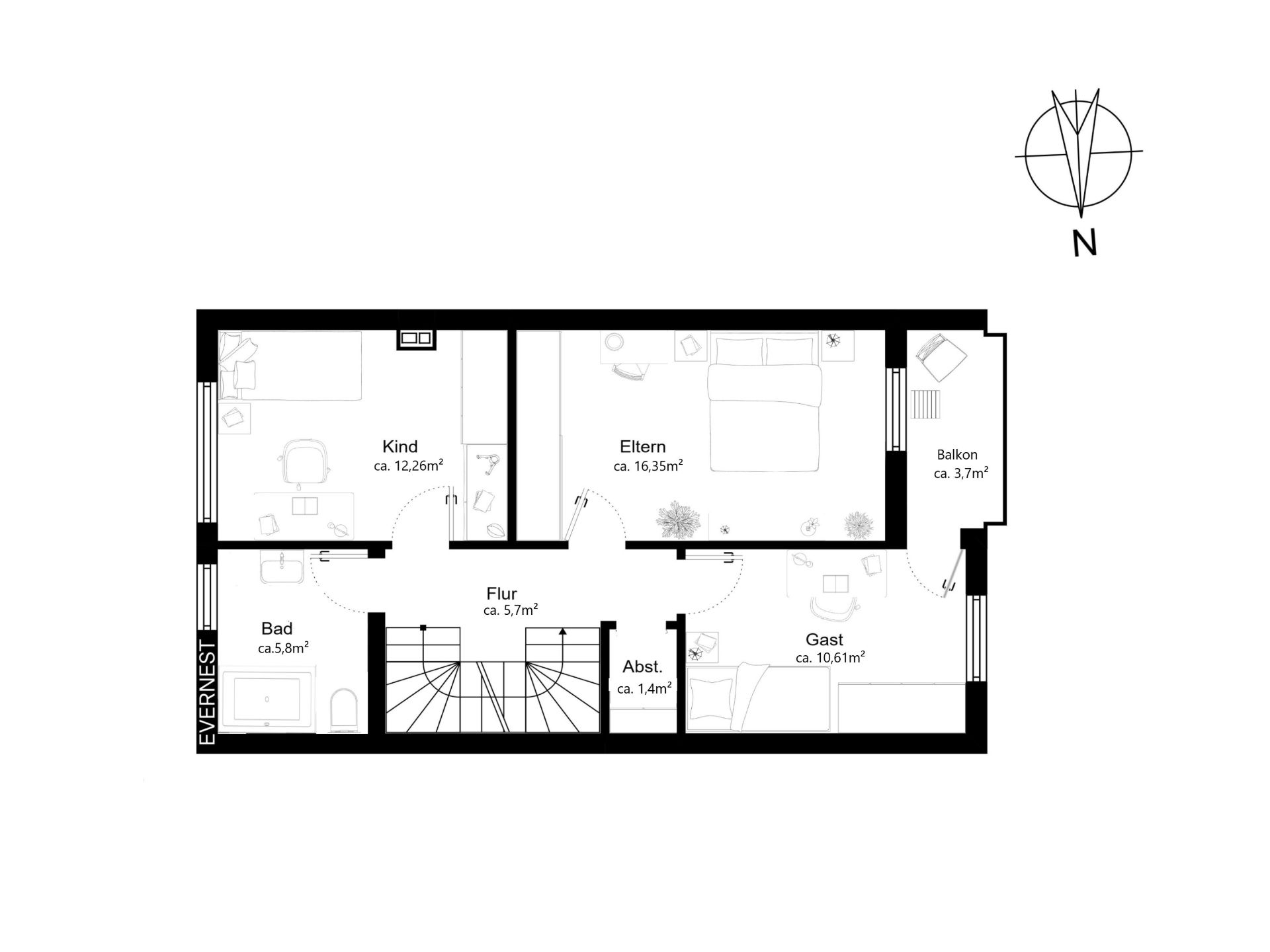 Grundriss einer Wohnung mit Kinderzimmer, Elternschlafzimmer, Gästezimmer, Bad, Flur, Abstellraum und Balkon.