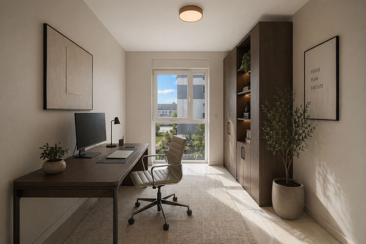 Modernes Arbeitszimmer mit Schreibtisch, Stuhl, Regalwand und Fenster mit Blick nach draußen.