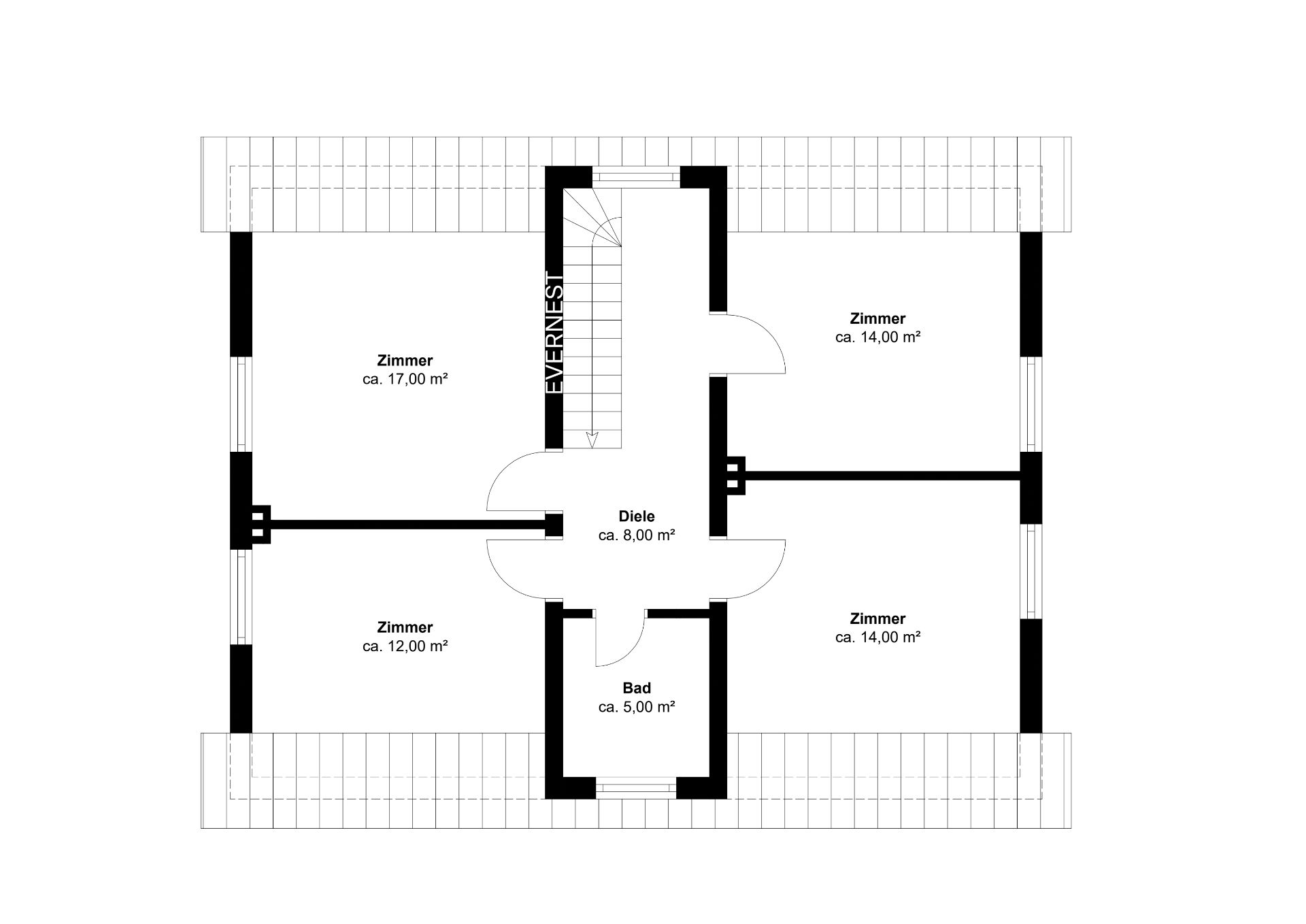 Grundriss mit vier Zimmern, Diele, Bad und Treppe, Flächenangaben in Quadratmetern.