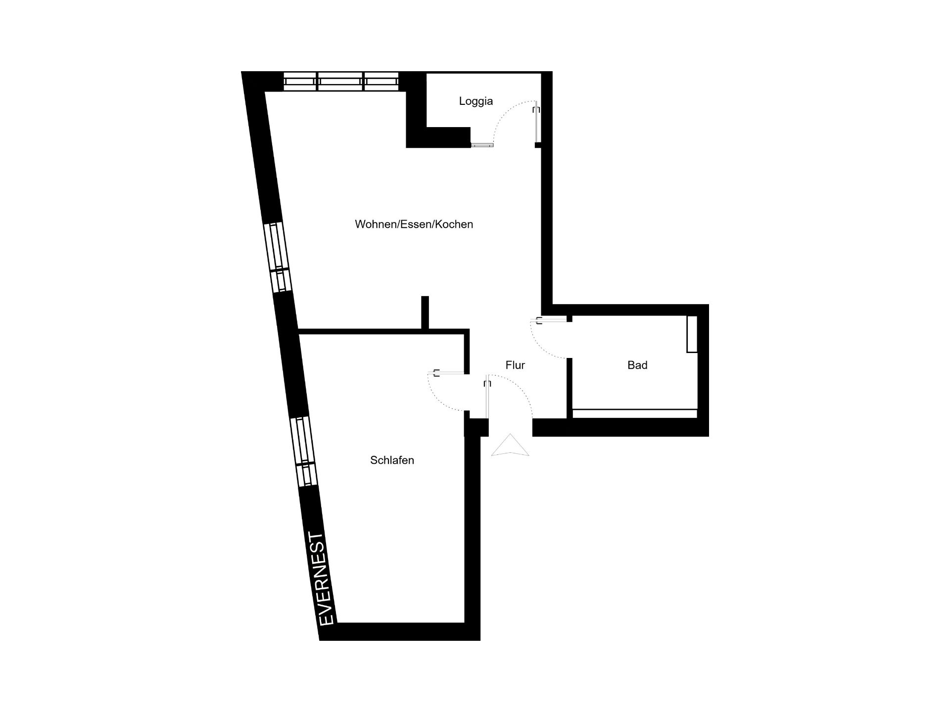 Grundriss einer Wohnung mit Schlafzimmer, Bad, Flur, Loggia und Wohn-/Ess-/Kochbereich.