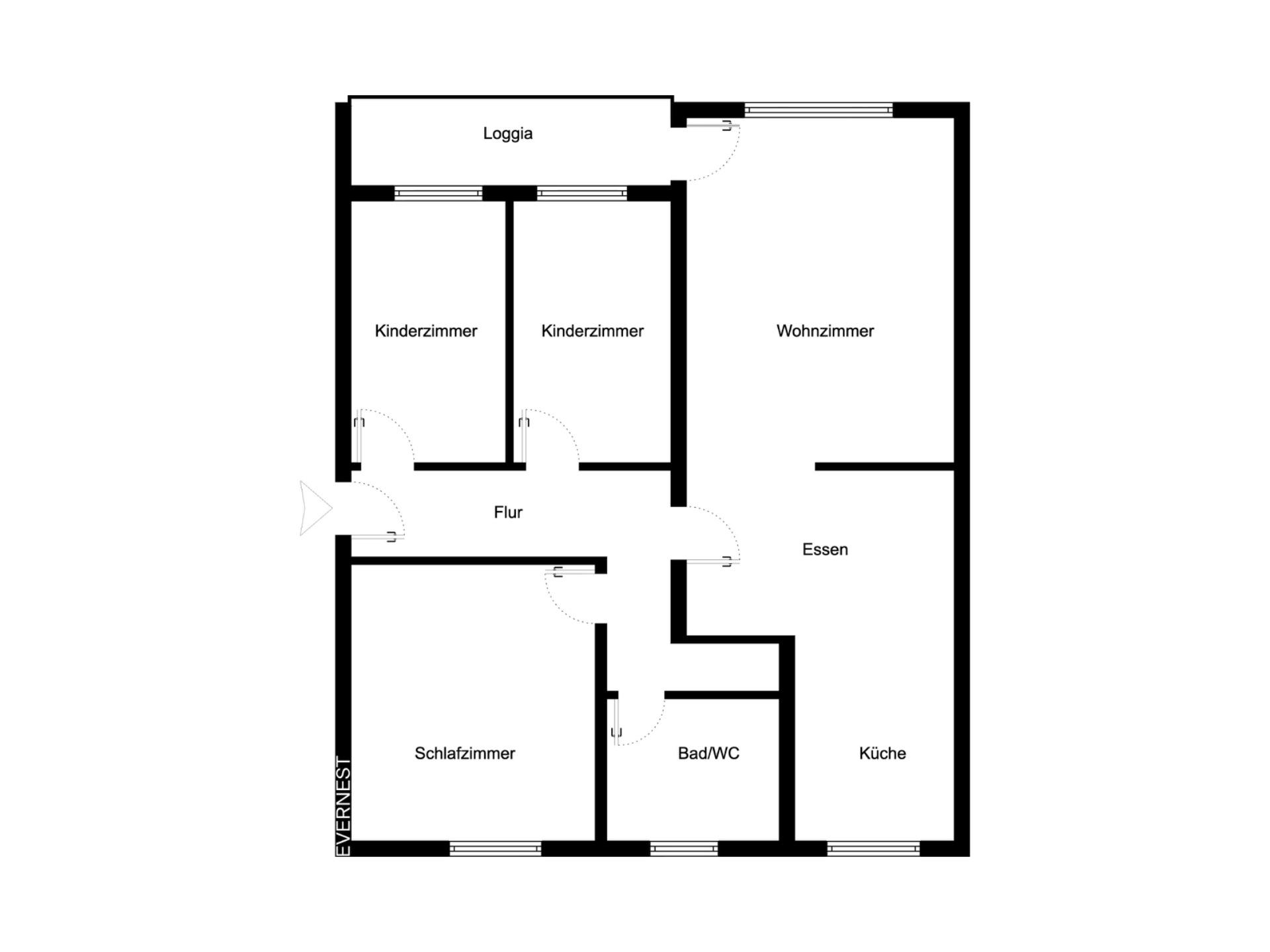 Grundriss mit Wohnzimmer, zwei Kinderzimmern, Schlafzimmer, Küche, Bad, Flur, Essen und Loggia.