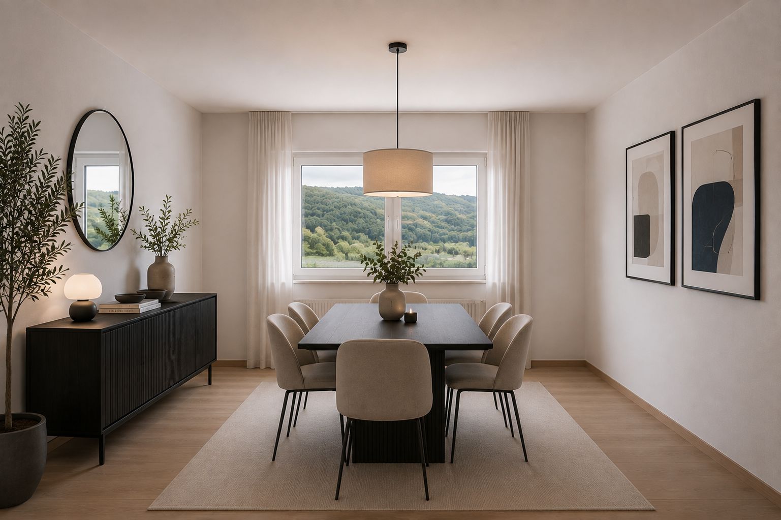 Helles Esszimmer mit sechs Stühlen, großem Fenster und modernem Dekor.