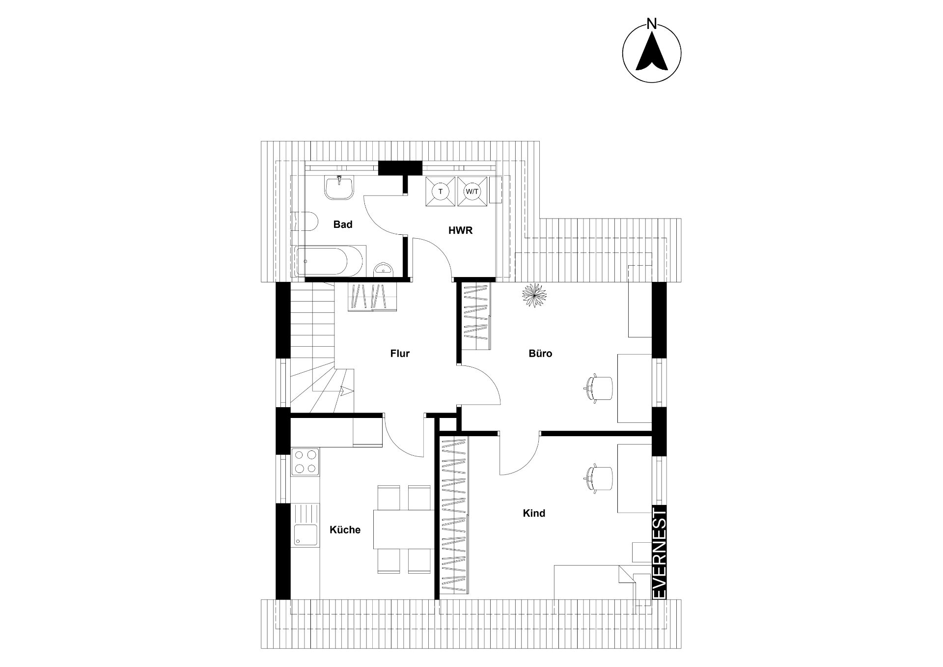 Grundriss einer Wohnung mit Küche, Bad, HWR, Büro, Kinderzimmer und Flur.