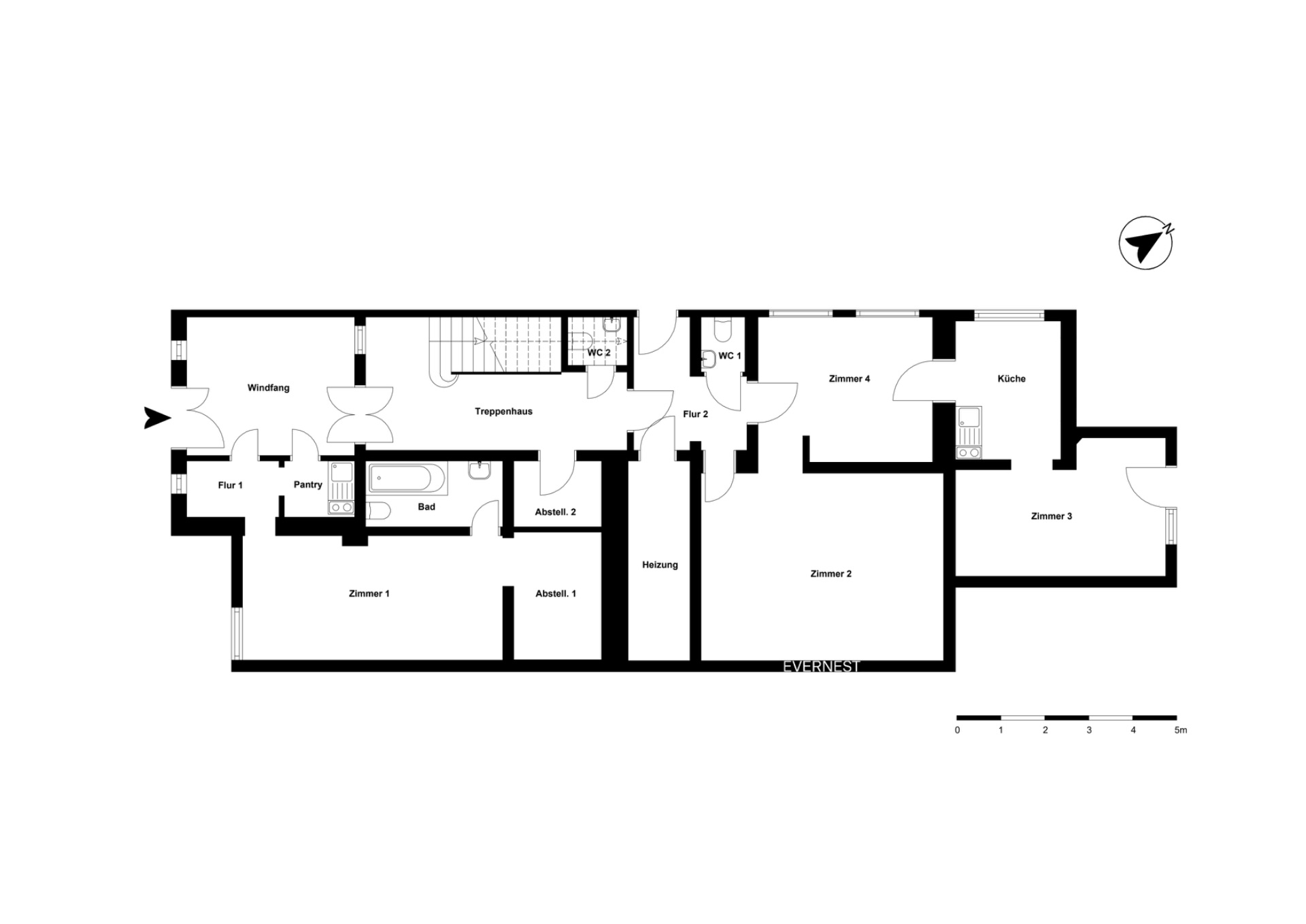 Grundriss einer Wohnung mit vier Zimmern, Küche, Bad, WC und Abstellräumen.