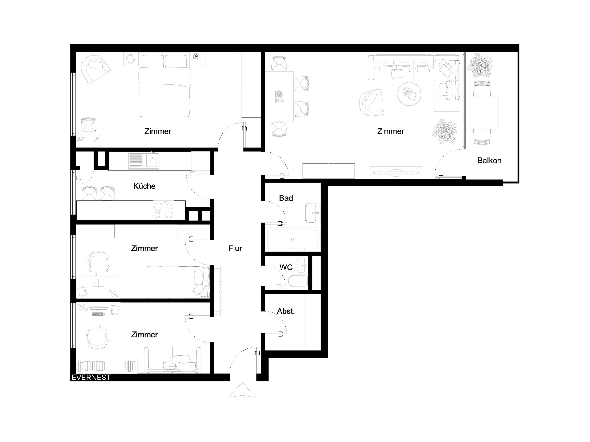 Grundriss einer Wohnung mit vier Zimmern, Küche, Bad, WC, Abstellraum, Flur und Balkon.