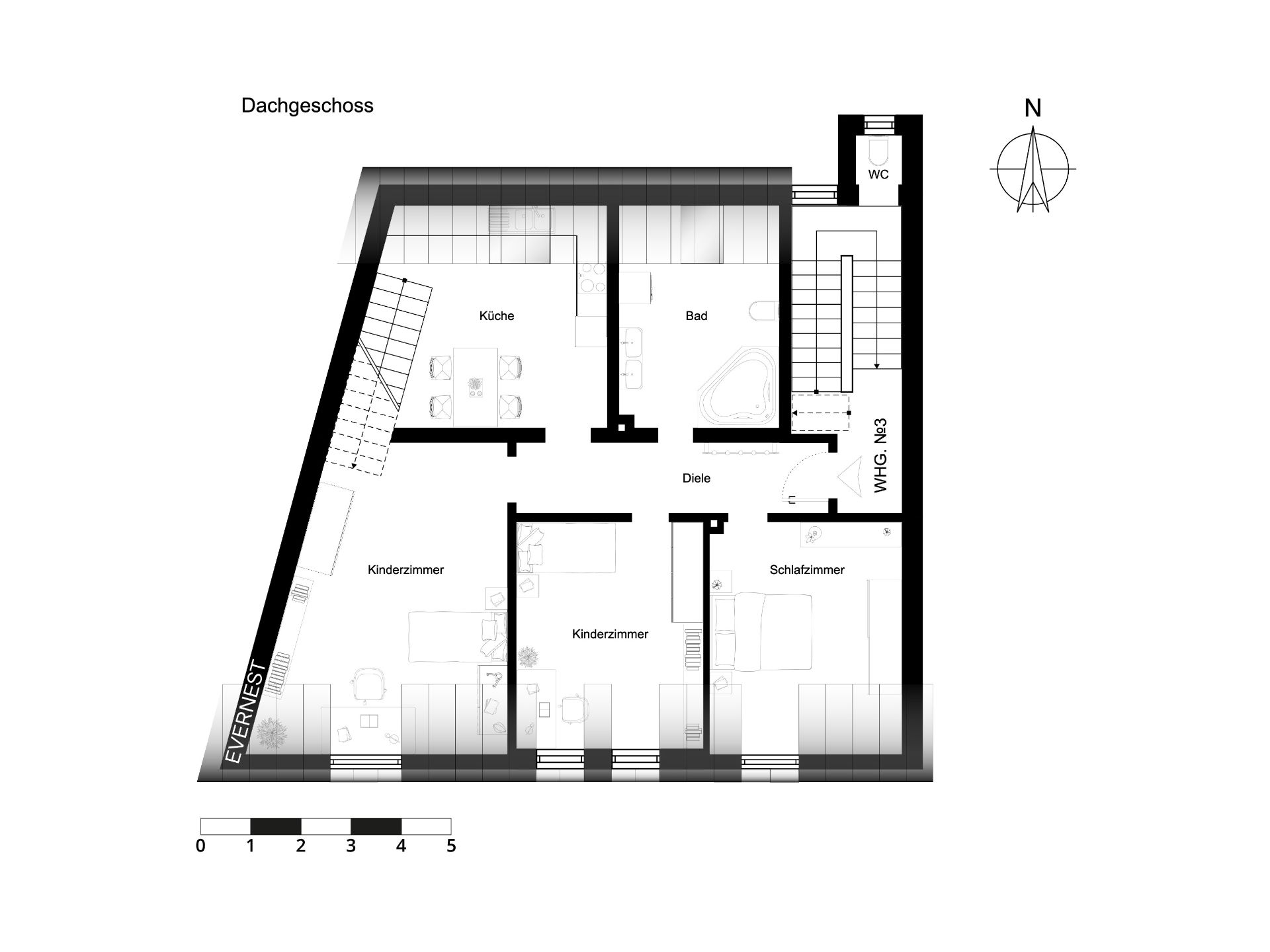 Grundriss eines Dachgeschosses mit Küche, Bad, Schlafzimmer und zwei Kinderzimmern.