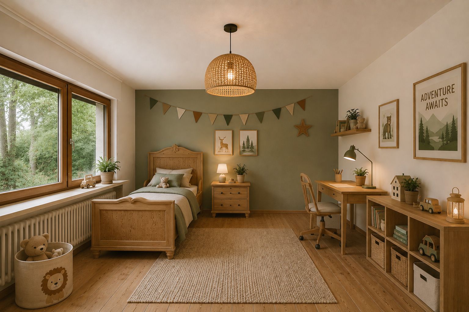 Kinderzimmer mit Holzbett, Schreibtisch, großem Fenster und dekorativen Bildern an der Wand.
