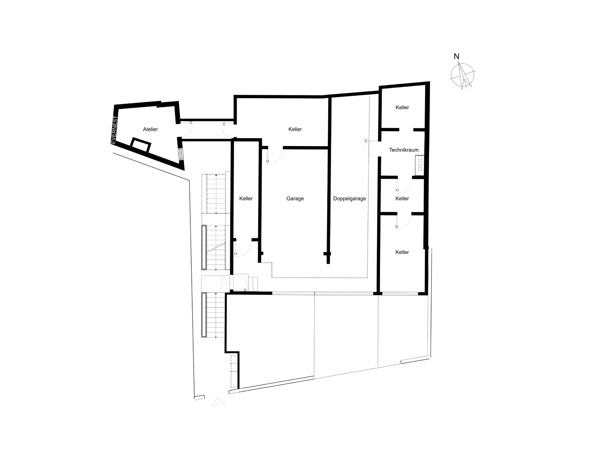 Grundriss mit Garage, Doppelgarage, mehreren Kellerräumen, Technikraum und Atelier.