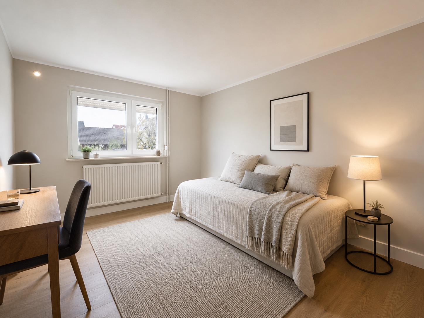Helles Schlafzimmer mit Bett, Schreibtisch, Stuhl und Nachttischlampe.