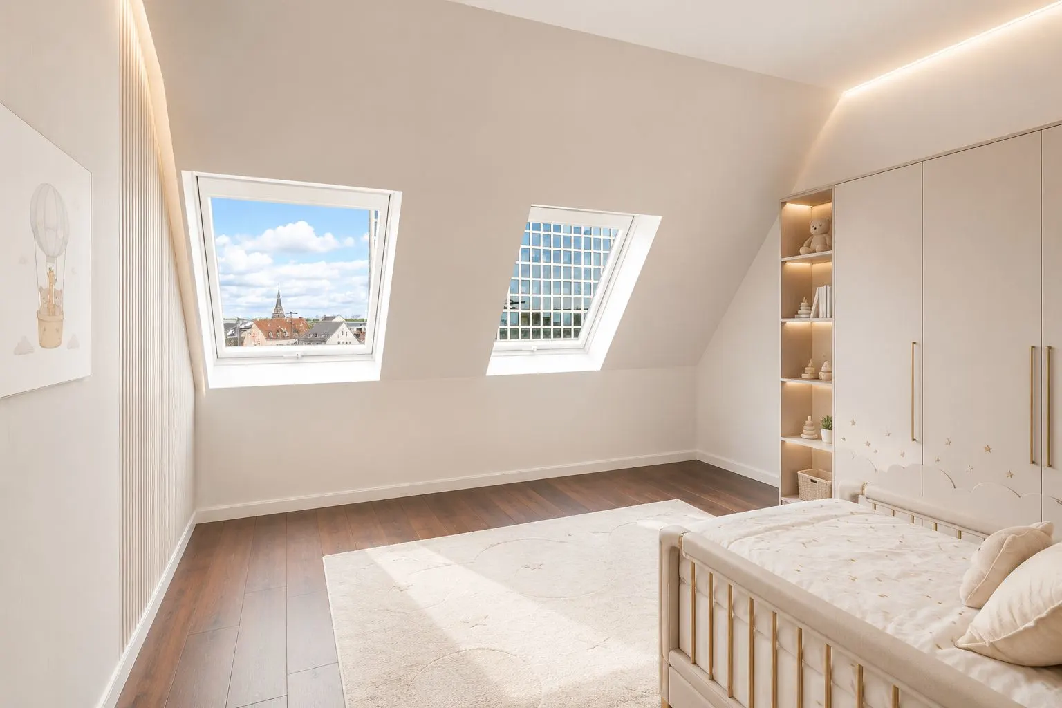 Helles Kinderzimmer mit schrägen Fenstern, Bett, Teppich und Einbauschrank.