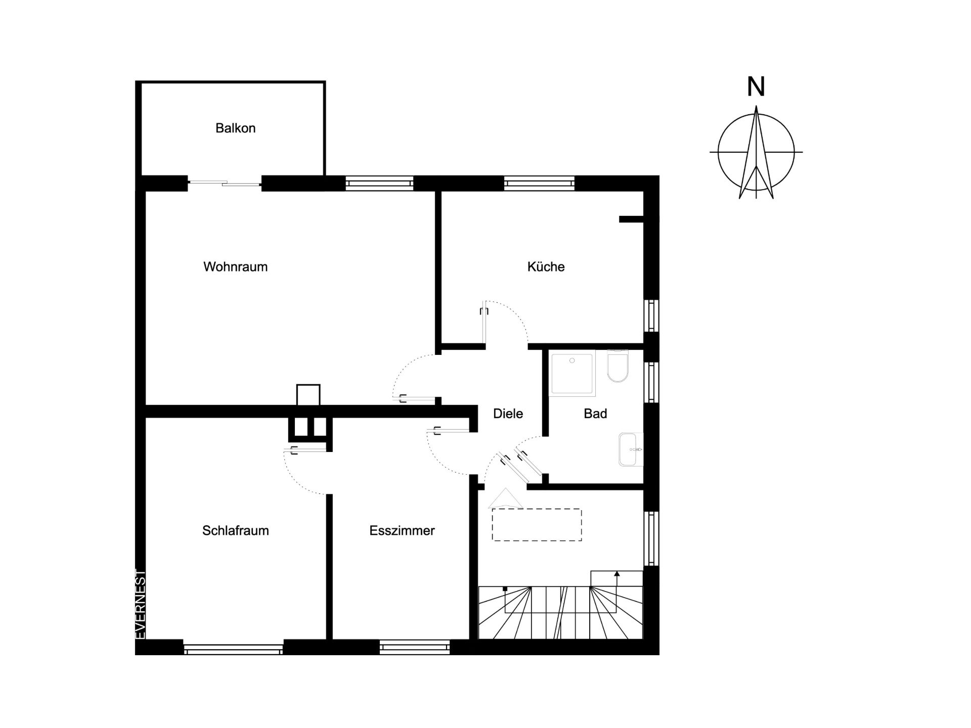Grundriss einer Wohnung mit Wohnraum, Schlafzimmer, Esszimmer, Küche, Bad, Diele und Balkon.