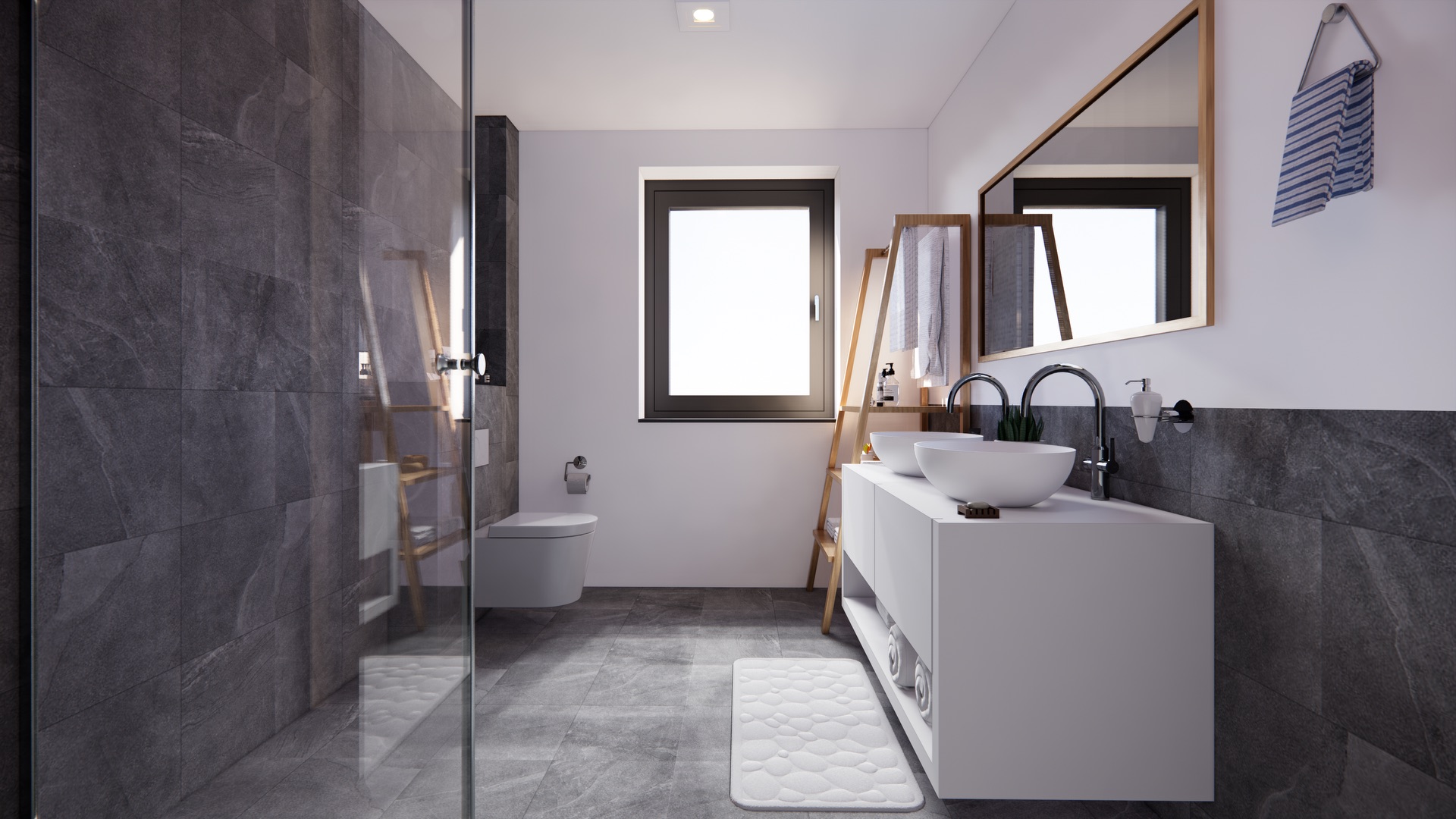 Modernes Badezimmer mit grauen Fliesen, großem Spiegel und Fenster, Waschbecken auf weißem Waschtisch.