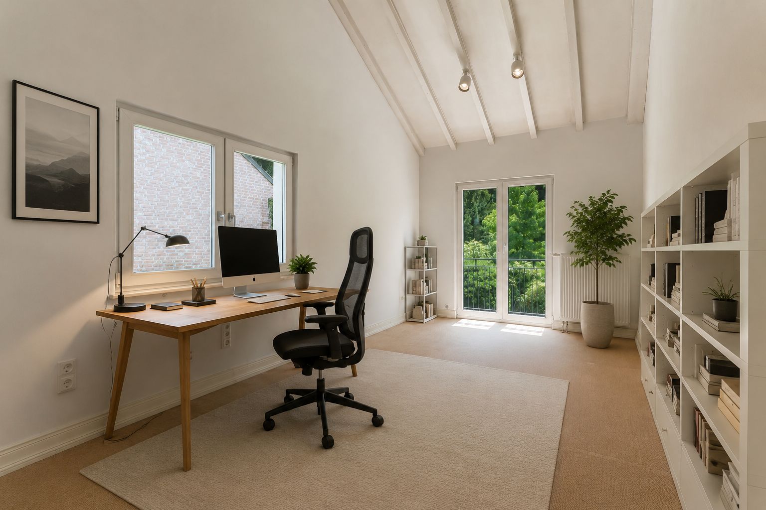 Helles Arbeitszimmer mit Schreibtisch, Bürostuhl, Bücherregal und großer Fensterfront.