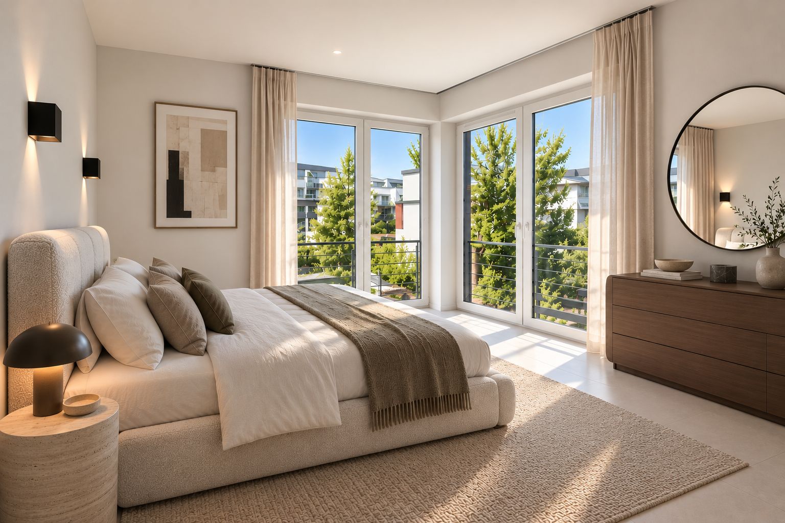 Helles Schlafzimmer mit großem Bett, Holzkommode und großen Fenstern zur Terrasse.