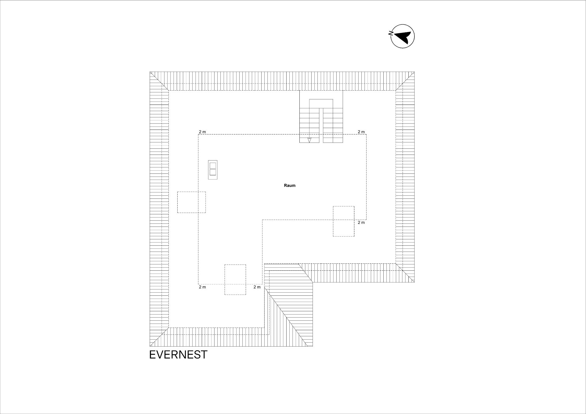Grundriss einer Etage mit Treppe, Raum und Maßangaben, Nordrichtung oben rechts.
