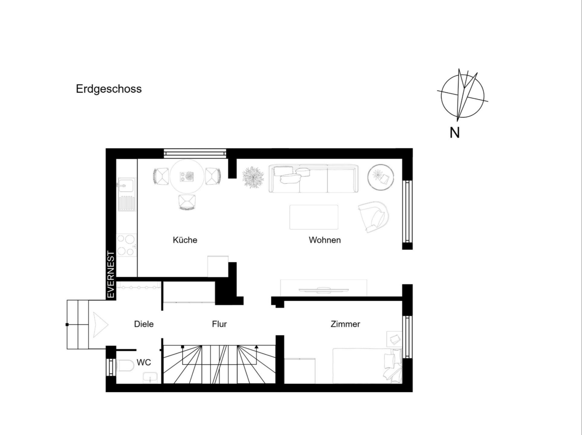Grundriss des Erdgeschosses mit Küche, Wohnzimmer, Zimmer, WC, Diele und Flur.