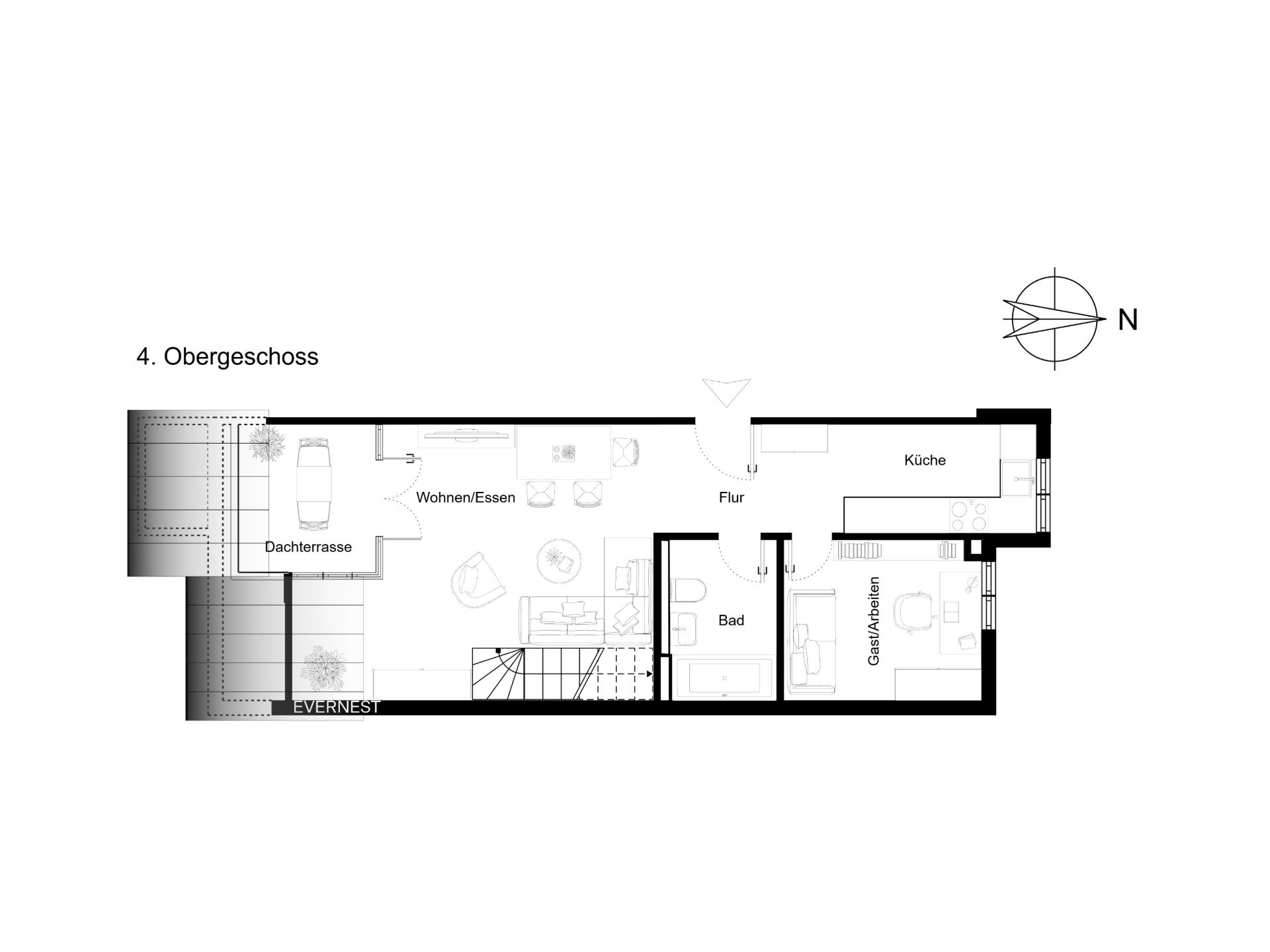 Grundriss einer Wohnung mit Dachterrasse, Wohn-Essbereich, Küche, Bad und Schlafzimmer.